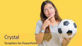  Presentation with idea light ball - Theme enhanced with brunette woman holding soccer football background and a  colored foreground