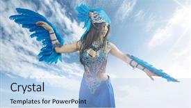  Presentation with fancy dress - Colorful presentation design enhanced with brunette woman in fancy dress backdrop and a light blue colored foreground