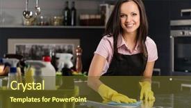  Presentation with cleaning services - PPT theme having brunette woman in gloves cleaning background and a tawny brown colored foreground