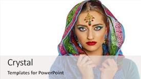  Presentation with indian woman bridal face - Slide set having brunette woman in indian dress background and a white colored foreground