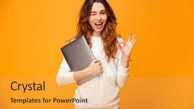  Presentation with cheerful - Presentation theme having brunette woman in sweater holding background and a yellow colored foreground