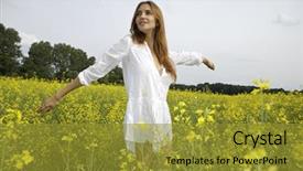 Presentation with white flowers - PPT layouts featuring brunette woman in white shirt background and a gold colored foreground