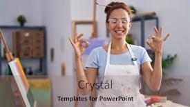  Presentation with meditation - Slide set having brunette-woman-painting-at-art background and a coral colored foreground