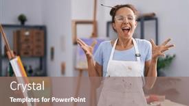  Presentation with crazy - PPT theme having brunette-woman-painting-at-art background and a coral colored foreground