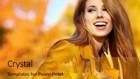  Presentation with young sing woman singing young - Beautiful PPT theme featuring brunette woman portrait in autumn backdrop and a gold colored foreground