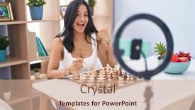  Presentation with recording - Presentation design having brunette-woman-recording-chess-tutorial background and a coral colored foreground