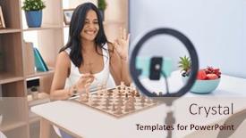  Presentation with recording - Presentation design having brunette-woman-recording-chess-tutorial background and a  colored foreground