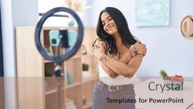  Presentation with home care - PPT layouts consisting of brunette-woman-recording-vlog-tutorial background and a coral colored foreground