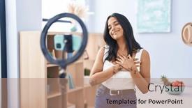  Presentation with recording - Theme featuring brunette-woman-recording-vlog-tutorial background and a coral colored foreground