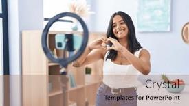  Presentation with recording - Theme having brunette-woman-recording-vlog-tutorial background and a coral colored foreground