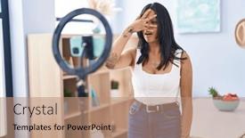  Presentation with recording - PPT theme featuring brunette-woman-recording-vlog-tutorial background and a coral colored foreground