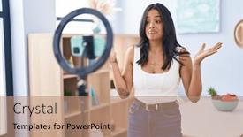  Presentation with recording - Slide deck featuring brunette-woman-recording-vlog-tutorial and a coral colored foreground