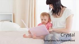  Presentation with baby book - Slides enhanced with brunette woman showing a book background and a soft green colored foreground