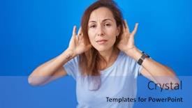  Presentation with blue - Slide deck having brunette-woman-standing-over-blue background and a teal colored foreground