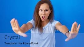  Presentation with blue - Presentation having brunette-woman-standing-over-blue background and a  colored foreground
