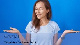  Presentation with comparison - Slides enhanced with brunette-woman-standing-over-blue background and a light blue colored foreground