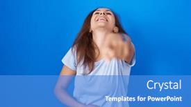  Presentation with shame - Presentation enhanced with brunette-woman-standing-over-blue background and a teal colored foreground