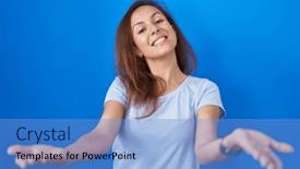  Presentation with acceptance - Presentation theme having brunette-woman-standing-over-blue background and a teal colored foreground