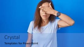  Presentation with sad woman - PPT layouts enhanced with brunette-woman-standing-over-blue background and a light blue colored foreground