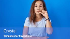  Presentation with lips mouth - Presentation design consisting of brunette-woman-standing-over-blue background and a teal colored foreground