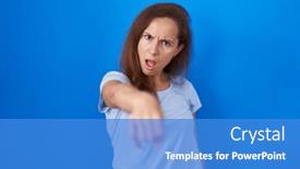  Presentation with blue - PPT layouts enhanced with brunette-woman-standing-over-blue and a Dark Orchid colored foreground