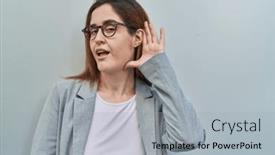  Presentation with hearing - Theme having brunette-woman-standing-over-grey background and a light gray colored foreground