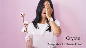  Presentation with face pain - Presentation theme featuring brunette-woman-standing-over-pink background and a  colored foreground