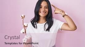  Presentation with thought - Theme consisting of brunette-woman-standing-over-pink background and a lemonade colored foreground