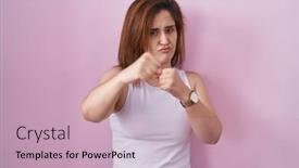  Presentation with violence woman - PPT theme with brunette-woman-standing-over-pink background and a soft green colored foreground