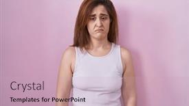  Presentation with crying - PPT theme having brunette-woman-standing-over-pink background and a soft green colored foreground