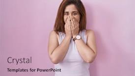  Presentation with pink - Slides enhanced with brunette-woman-standing-over-pink background and a soft green colored foreground