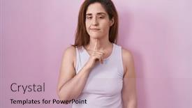  Presentation with pink - Slide deck with brunette-woman-standing-over-pink background and a  colored foreground