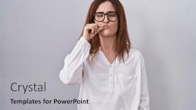  Presentation with lips mouth - PPT theme having brunette-woman-standing-over-white background and a light gray colored foreground