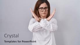  Presentation with negative - Slide deck enhanced with brunette-woman-standing-over-white background and a light gray colored foreground