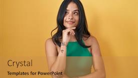  Presentation with woman praying over bible - Slide set featuring brunette-woman-standing-over-yellow background and a gold colored foreground