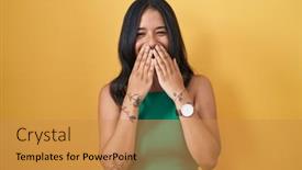  Presentation with scandal - Slide set with brunette-woman-standing-over-yellow background and a gold colored foreground