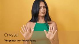  Presentation with forbidden - Theme with brunette-woman-standing-over-yellow background and a gold colored foreground