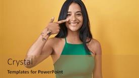  Presentation with nose - Presentation design featuring brunette-woman-standing-over-yellow background and a gold colored foreground