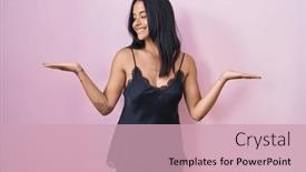  Presentation with comparison - Presentation theme consisting of brunette-woman-wearing-black-pajama background and a soft green colored foreground