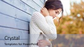  Presentation with beautiful nature in twilight - Colorful slides enhanced with brunette woman wearing knitted sweater backdrop and a light blue colored foreground