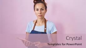  Presentation with waitress - Presentation design enhanced with brunette-woman-wearing-professional-waitress background and a soft green colored foreground