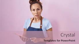  Presentation with waitress - Presentation theme featuring brunette-woman-wearing-professional-waitress background and a soft green colored foreground