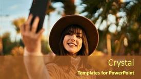  Presentation with hat - Presentation theme having brunette-woman-wearing-winter-hat background and a tawny brown colored foreground