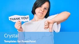  Presentation with thank - PPT theme with brunette-woman-with-down-syndrome background and a teal colored foreground