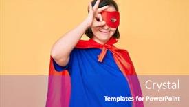  Presentation with hero woman - Presentation theme enhanced with brunette-woman-with-down-syndrome background and a cobalt blue colored foreground