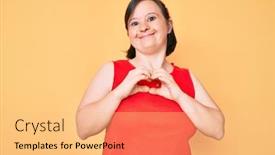  Presentation with hands down - Presentation theme consisting of brunette-woman-with-down-syndrome background and a yellow colored foreground