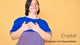  Presentation with hands down - Presentation theme enhanced with brunette-woman-with-down-syndrome background and a yellow colored foreground