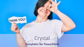  Presentation with thank - Slide deck consisting of brunette-woman-with-down-syndrome background and a sky blue colored foreground