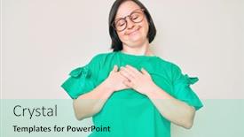  Presentation with hands down - Slide set enhanced with brunette-woman-with-down-syndrome background and a cyan colored foreground