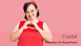  Presentation with hands down - Presentation theme with brunette-woman-with-down-syndrome background and a coral colored foreground
